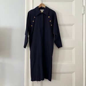 Vintage 1990s Karl Lagerfeld Collection Navy Wool Midi Shirtdress Women Size 42